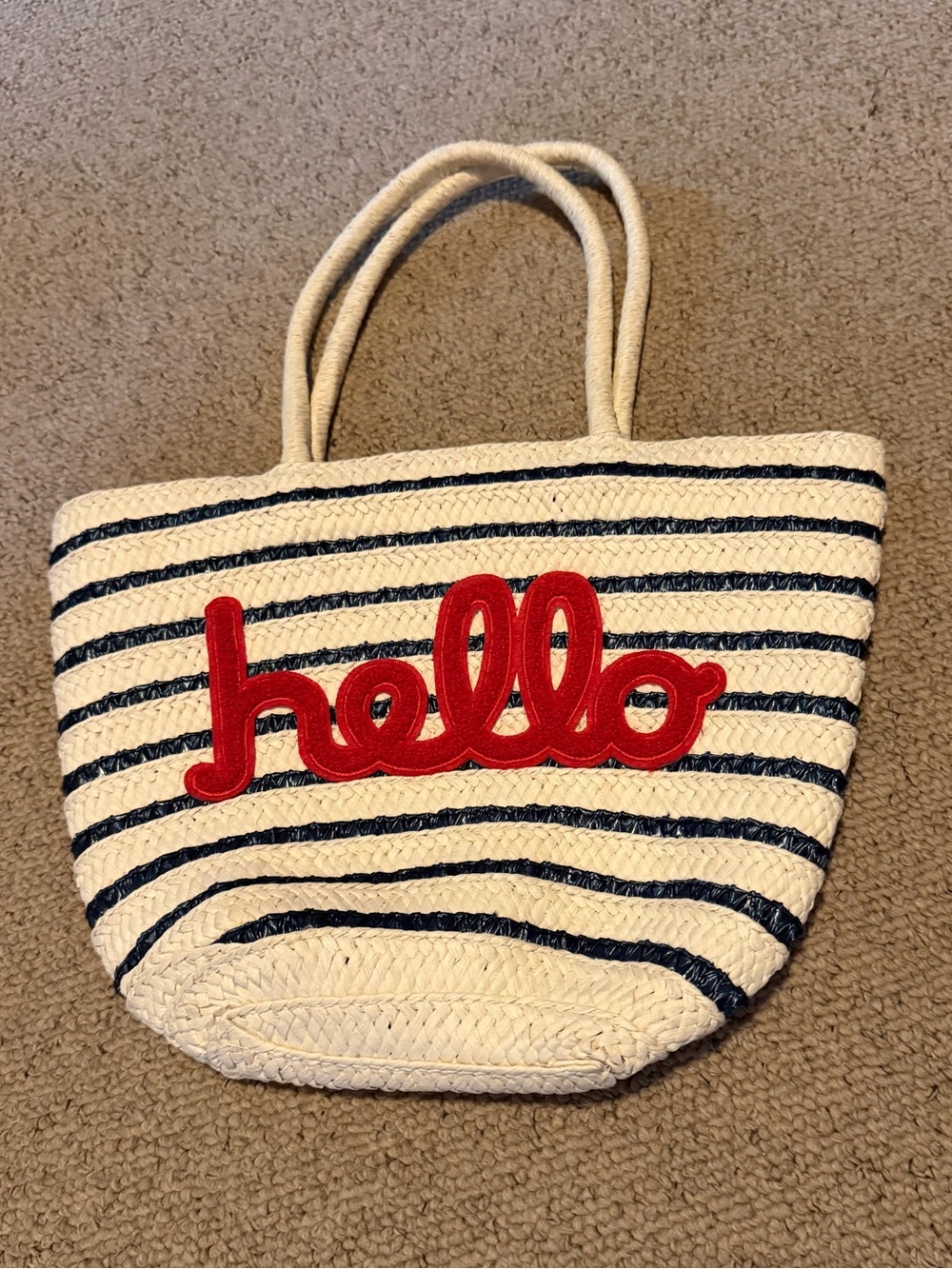 Gap Kids “Hello" Straw Tote Bag in Cream and Navy